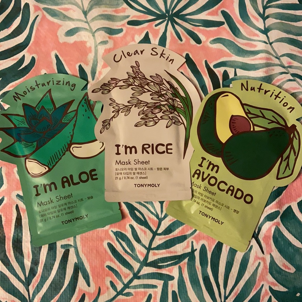 3 Piece TONYMOLY Korean Face Mask Sheet Bundle Set Avocado Aloe Rice Masks NWT